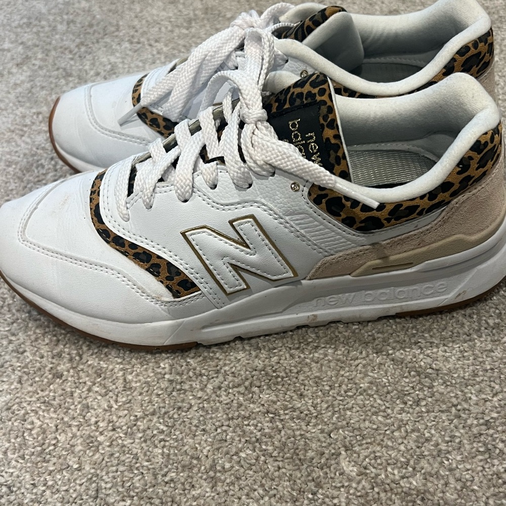 New Balance White Athletic Sneakers with Leopard Accent